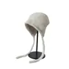 Gorro de Punto con Borde Enrollado de Moda Estilo Japonés para Mujer, Gorro de Punto Cálido para Otoño e Invierno que Protege las Orejas con Cordón