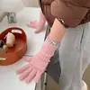 Guantes de Punto Mezcla de Lana con Borde Contrastante Invierno a Prueba de Frío Terciopelo de Conejo Lana Dedos Divididos Muñeca Larga y Ancha