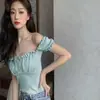 Top Corto con Volantes y Hombros Descubiertos con Cordón, Tejido Ajustado Sexy de Manga Corta para Mujer
