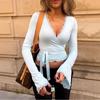 Moda Femenina Transfronteriza Tops de Verano Color Sólido Ribete de Encaje Cuello en V Profundo Manga Larga Cintura Ajustada Camiseta 2025