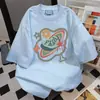 Camiseta de Manga Corta con Estampado de Dibujos Animados Divertido de Nicho para Mujer Verano 2025 Casual Holgada Vintage Cuello Redondo Top Versátil