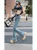 Jeans Skinny Feminino Vintage de Inverno, Calças Flare Slim-Fit Petite, Cintura Alta, Caimento Fluido, Comprimento no Chão