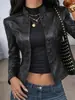 Design Europeu Simples Cruzado Senso de Design Jaqueta de Couro Feminina Slim Fit Cintura Marcada Temperamento Curta Outono Retrô Roupas de Outono para Garotas