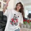 Camiseta de manga corta de algodón puro estilo americano retro para mujer, nueva camiseta de verano con dibujos animados, hombros descubiertos, informal, combinable con todo.