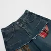 Jia Yi Ku 2026 Estilo Americano High Street Ro Jeans de Sarja Lavada Desgastada Desfiada Calças de Perna Larga Soltas Falsas de Duas Peças Curvas