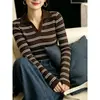 Tricô Outerwear Gola Polo Listrado Estilo Coreano para Mulheres Nicho Emagrecedor Versátil Camada Base Suéter Top para o Trabalho