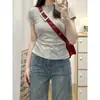 Camiseta Básica de Algodão Puro com Ombro Caído para Mulheres azul claro bebê gola redonda manga curta estilo americano slim fit manga curta acinturada top curto justo