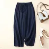 Calças Cropped Wide-Leg de Algodão e Linho Vintage para Mulheres, Calças Casuais de Cor Sólida com Cintura Elástica e Amarração para o Verão, Calças Largas e Versáteis de Algodão e Linho