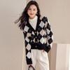 Nuevo Abrigo de Lana con Tablero de Ajedrez Vintage Otoño/Invierno 2022 Cárdigan de Punto Suelto de Una Sola Fila para Mujer