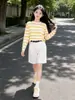 Conjunto de Dos Piezas Rayado de Verano para Niñas Estilo Coreano Casual Mangas Largas Shorts Niños Medianos y Grandes Ropa Elegante Ropa de Verano de Moda