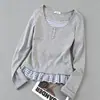 Camiseta larga de imitación de dos piezas en color gris para mujer, nuevo estilo primavera/otoño 2026, capa interior única, entallada en la cintura, top base adelgazante