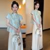 Traje de Moda para Mujer Estilo Chino 2025 Verano Nuevo Moderno Top de Manga Corta Estilo Chino y Pantalones de Pierna Ancha Conjunto de Dos Piezas