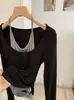 Camiseta de Manga Larga con Cuello Halter Ajustada para Mujer KEKEZOON Otoño Moda Diseño de Bloques de Color 9034