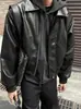 Jaqueta de Couro Elástica Estilosa e Cool, Casaco de Couro Biker Versátil Preto para Homens, Gola Lapela de Alta Qualidade, Gola Quadrada, Design de Nicho