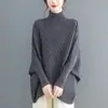 Top irregular de estilo europeu e americano com mangas morcego, suéter de tricô feminino, pulôver de caimento solto que cobre a barriga, plus size, gola alta