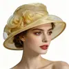 Chapéu Feminino de Verão com Aba Grande e Tela Chapéu Retrô com Flor de Organza Chapéu de Sol para Exterior Chapéu Protetor Solar para Exterior Chapéu de Sol de Praia