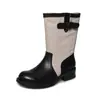 Couro Bovino + Tecido Color Block Botas de Cavaleiro Botas Femininas de Cano Médio Outono Novo Couro Genuíno Bico Redondo Fivela Salto Médio Casuais Botas Individuais