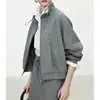 Pedido dos EUASaia casual cinza de cintura alta modeladora para mulheres, novo estilo outono 2026, jaqueta curta de manga comprida com gola alta