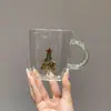 Vaso de Vidrio Navideño Tridimensional Alta Resistencia al Calor Borosilicato Vaso de Agua Manija de Diamante Creativa Taza de Leche Jugo Recuerdo