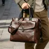 Bolsa Masculina Bolsa de Mão Estilo Horizontal Couro Crazy Horse Pasta Bolsa de Ombro para Viagem de Negócios Masculina Bolsa Transversal Estilo Britânico Coreano