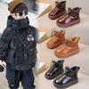 Botas de Neve para Meninas 2025 Novo Inverno Forradas com Lã Espessadas Sapatos de Algodão Infantis Superfície de Couro Quentes Botas de Algodão para Meninas Maiores
