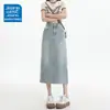 Saia Jeans de Cintura Alta Cor Clara com Fenda Feminina Outono Tendência Versátil Nova Solta Versátil Pequena Linha A Comprimento