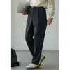 Calça Casual Masculina Outono/Inverno Mistura de Algodão Amiga da Pele Fivela de Metal Cintura Meio Elástica Calça de Perna Reta Calça de Perna Larga