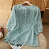 Camisa vintage de algodão e linho para mulheres, manga três quartos, nova blusa de linho primavera-verão, corte solto, top que cobre a barriga, camisa bordada para mães