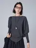 Suéter de punto liso para mujer con escote Bardot, mangas murciélago holgadas, tejido irregular, gris