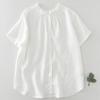 Foto real em estoque camisa de manga curta justa e levemente artística para usar frente e verso solta com gola orelha de madeira fivela de concha top feminino