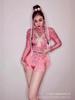 Body de encaje rosa con pedrería brillante, adecuado para mujeres, atuendo de manga larga para fiesta de cumpleaños, baile