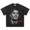 Camiseta Masculina Algodão Pesado Tricotado Gola Redonda Manga Curta Estilo Retro Americano 2025 Marca Tendência Europeia e Americana Estampada Ronaldo
