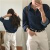 Tiro Real Estilo Coreano Retro Francés Simple Versátil Bolsillo Doble Solapa Pantalones Camisa de Manga Larga de Mezclilla para Mujer Primavera Nuevo Estilo 2 Colores