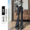 Calça de alfaiataria feminina marrom, estilo primavera e outono, cintura alta, modelagem que afina, levemente flare, elástica, corte slim, com caimento fluido, casual, comprimento até o chão, calça de ferradura