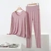 Conjunto Modal Plus Size Primavera e Outono Confortável Solto Casual Gola V Manga Longa Calça de Cintura Alta Roupa de Casa Conjunto de Duas Peças