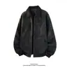Jaqueta de primavera masculina, jaqueta bomber de couro PU tie-dye cinza, estilo retrô americano, jaqueta de trabalho curta estilo baseball com gola virada