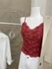 Camisola de Encaje Estilo Hada Hong Kong, Top de Tirantes Rojo para Mujer con Copas, Adecuado para Usar por Dentro o por Fuera, Top Básico Ajustado para Mujer