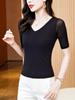 2024 Verano Nuevo Estilo Elegante Combinable Cuello en V Costuras Negras Base de Malla Camiseta de Manga Corta Ajustada para Mujer Camiseta Pequeña