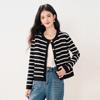 Em Estoque Novo Casaco Cardigan de Tricô Feminino Listrado Estilo Chanel Peça de Roupa Externa Gola Redonda Manga Longa Suéter de Tricô para Mulheres