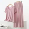 Pijamas de Tallas Grandes para Mujer, Conjunto de Dos Piezas de Ropa para el Hogar y Exterior, Primavera/Verano Modal Cuello en V Manga Corta con Bolsillos Conjunto de Pantalones de Pierna Ancha