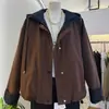 2685 Jaqueta Casual Color Block Falsa de Duas Peças Estilo Novo Primavera e Outono para Mulheres, Corte Amplo, Versátil, Jaqueta Curta com Capuz