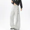 Pantalones de chándal grises con estampado de flores blancas americanas, plisados, de hoja curva, para hombre, otoño, High Street, Cleanfit, pantalones casuales, marca de moda, versátiles, de pierna ancha