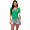 2026 Primavera/Verano Nuevo Estilo Deportivo Cuello en V Manga Corta Crop Top Camiseta Estilo Chica Caliente Retro Bloques de Color Ajustado que Muestra el Ombligo Estampado