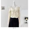 Camiseta de Manga Larga con Cuello de una Línea Estilo Chica Caliente para Mujer Otoño Temprano Nuevo Estilo Empalme Botones de Corazón Deseo Puro Slim Cuello en V Top Camiseta