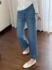 ¡Pantalones de trabajo pesado con bordado floral de 9 puntos! Jeans de Tencel azul brumoso con elasticidad en cuatro direcciones, pantalones rectos adelgazantes para principios de otoño