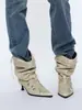 Botas Puntiagudas Tachonadas Estilo Coreano para Mujer, Nuevos Zapatos de Tacón Alto Primavera/Verano, Botas Retro Plisadas de Media Caña con Diseño Único