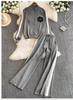 Conjunto de dos piezas de chaqueta cárdigan de punto con cuello en V en contraste, manga larga, estilo coreano, pantalones anchos y rectos de cintura alta para mujer.