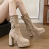 Botas Plataforma Impermeáveis de Salto Ultra Alto com Salto Bloco Finas para Mulheres, Elegantes Versáteis Bico Fino Fivela de Cinto Botas de Cano Médio Botas de Salto Alto