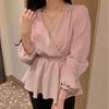 Comércio exterior transfronteiriço 2025 início da primavera nova gola elegante super fada temperamento doce cintura rendas manga comprida camisa top feminino
