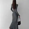 Vestido ajustado de manga larga con cuello cuadrado y clavícula de estilo francés para mujer, vestido largo ajustado de cintura alta y cola de pez para otoño.